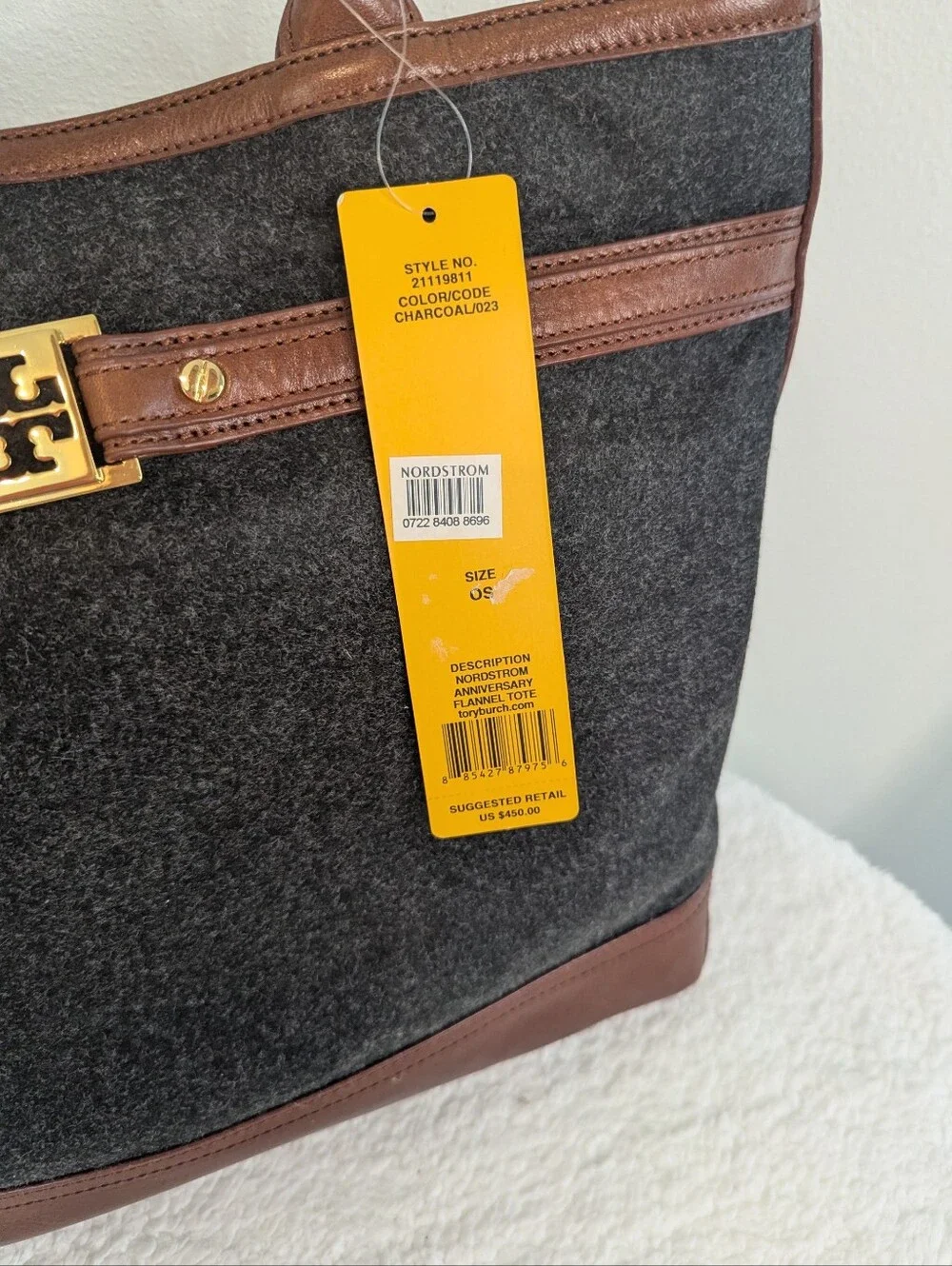 Authentic Tory Burch Anniversary Flannel Tote - Charcoal Wool & Leather